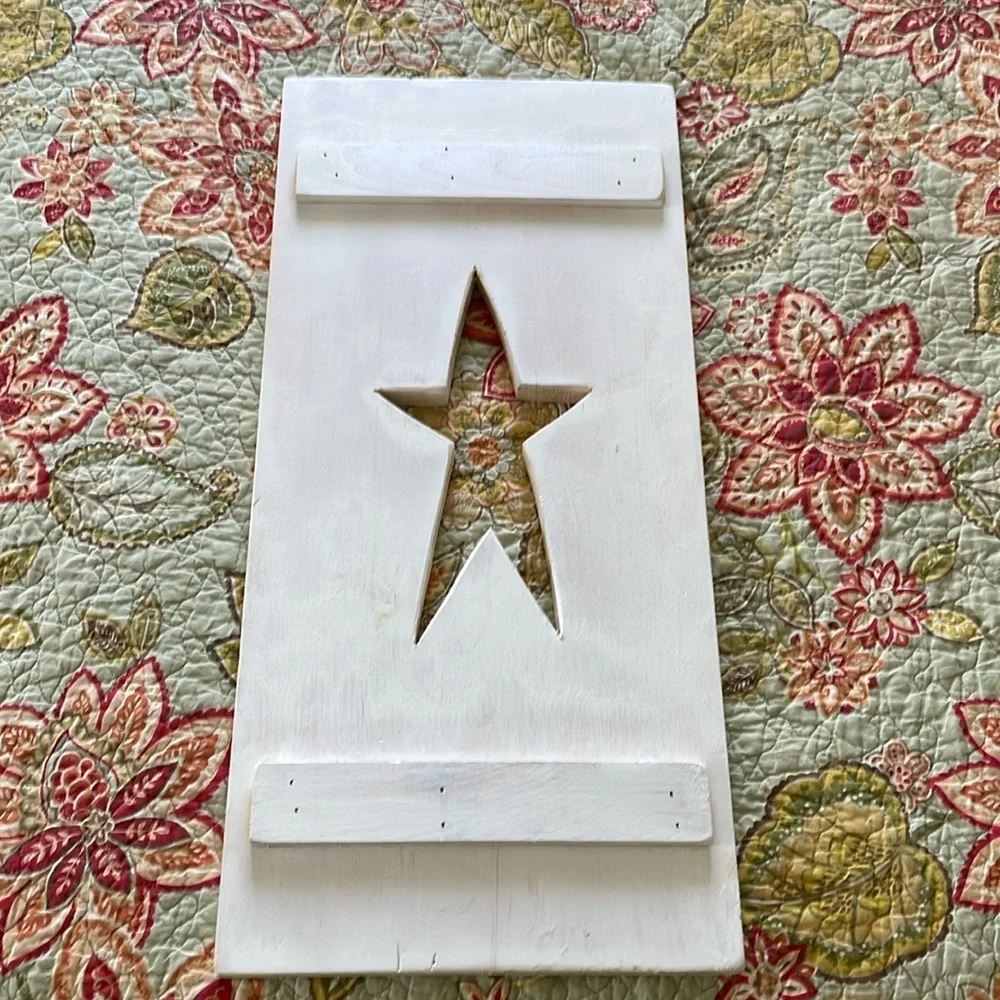 White washed solid pine wood star shutter. Primitive decor. Approx 11” w x 24”l